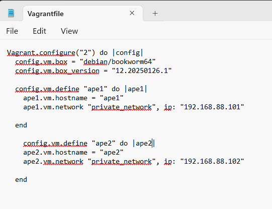 Vagrantfile ape1 ja ape2 host-nimillä