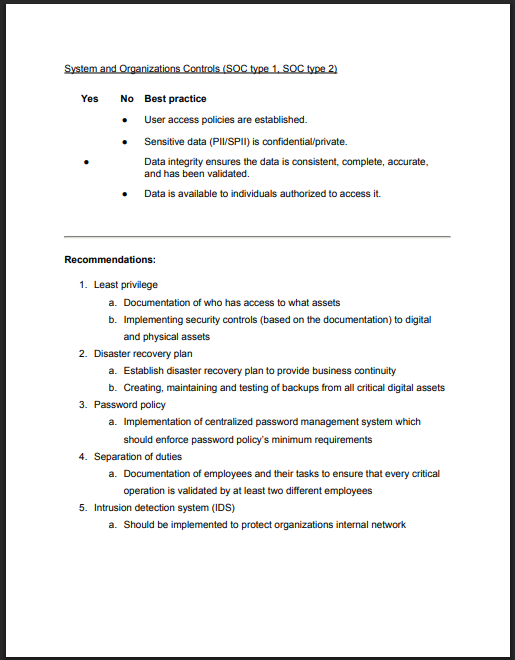 Controls and compliance checklist three