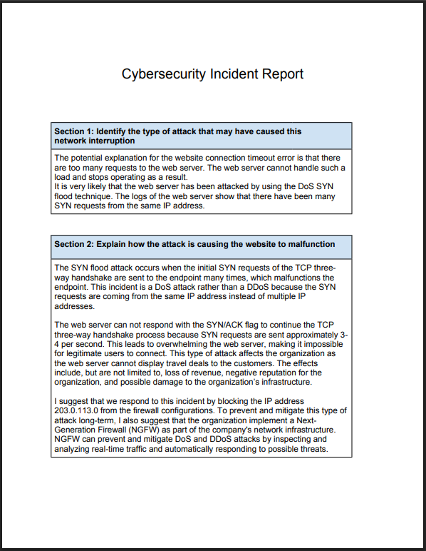 Cybersecurity incident report
